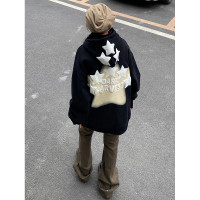 素素本SU美式紅色厚棉T女春秋復古高街oversize設計感國潮連帽上衣