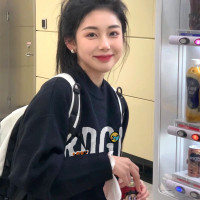 加絨美式復古春秋冬季薄款無帽衛衣女小個子正肩黑色圓領長袖上衣