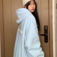 美式奶藍色字母刺繡外套女冬季加絨加厚寬鬆百搭拉鍊連帽運動衫ins