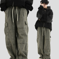 NOPASS 國潮牌情侶自制美式復古經典貼袋工裝褲寬鬆直筒休閒長褲