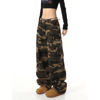 歐美復古迷彩高街寬鬆直筒大口袋潮牌百搭工裝褲男女高腰顯瘦褲子