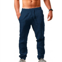 Брюки мужские хлопково-льняные однотонные, свободные длинные брюки с эластичным поясом, дышащие повседневные штаны в стиле хип-хоп