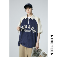 十九秋/夏季學院燈芯絨拼接撞色短袖polo衫半拉鍊寬鬆T恤翻領男潮