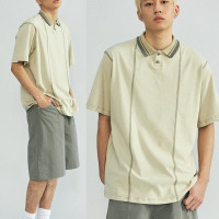 NKGC2023SS 復古日系茶色拼色明線條設計針織Polo短袖翻領T恤中性