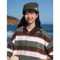 KOUEMGI空味 T恤男日系重磅280g撞色條紋短袖bf寬鬆情侶polo衫