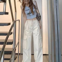 美式復古白色工裝休閒褲女夏高腰薄款速乾褲大口袋機能直筒寬褲
