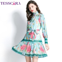 Женское весеннее элегантное платье TESSCARA, рубашка высокого качества, Короткое мини-коктейльное платье, винтажное дизайнерское платье с рукавами-фонариками