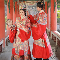 【硯濱紗】明制花嫁婚服仿妝花圓領袍漢服紅藍龍金底男女金玉良緣