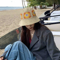 Панама женская Соломенная, плетеная Панама ручной работы с натуральными цветами, воздухопроницаемая, Пляжная Панама от солнца, в японском и корейском стиле, лето