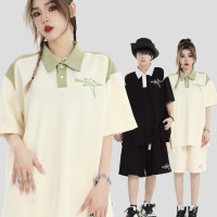 INSstudios 國潮牌情侶美式刺繡LOGO撞色拼接短袖POLO衫休閒短褲