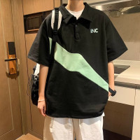 夏季設計感拼接翻領POLO短袖男上衣情侶款vintage復古純棉半袖T恤