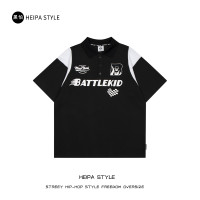 美式復古嘻哈bf風賽車服短袖polo衫男女潮牌夏季寬鬆情侶球衣T恤