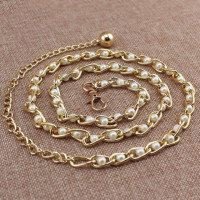 Жемчужный узкий металлический поясной ремень, цепочка для тела, имитация бусин, пояс-цепочка для платья для девочек, модный винтажный пояс с подвеской и высокой талией