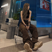 高腰直筒工裝拖地褲女2023春夏新款寬鬆顯瘦闊腿褲美式復古休閒褲