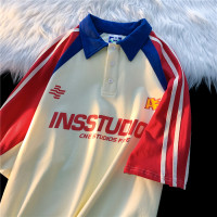 AMUP Vintage 美式街頭小眾復古情侶撞色條紋POLO衫翻領短袖t恤男