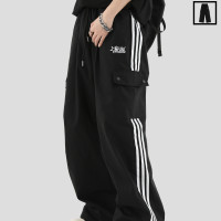 【INSKR】國潮牌情侶美式復古側邊條紋工裝褲寬鬆三條槓休閒褲男