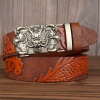 3,5 см Ширина Ремень Натуральная Кожа Высокого Качества Воловьей Кожи Мужские Пояса Китайский Дракон Автоматическая Пряжка Ремни Ремни Для Мужчин Подарок
