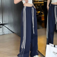 2023梨形身材大尺碼休閒褲女側邊條紋直筒運動褲顯瘦西裝褲長褲