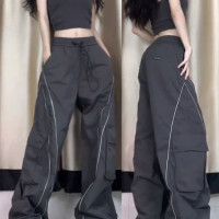 條紋速乾運動褲女夏季薄款設計感美式復古寬鬆高街抽繩休閒工作服褲