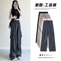 灰色工裝褲女夏季2023新款高腰降落傘褲休閒寬褲速乾美式運動褲