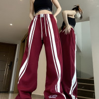 設計感美式抽繩運動厚棉褲女夏季薄款潮牌紅色闊腿直筒垂感休閒褲子