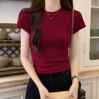 酒紅色正肩T恤女螺紋彈力純欲緊身短袖夏季美式辣妹顯瘦上衣ins潮