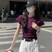 紫色修身短袖正肩T恤女2023新款夏季設計感小眾辣妹短款顯瘦上衣
