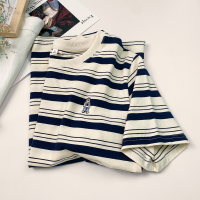 韓國正肩條紋短袖T恤女春夏寬鬆純棉半袖時尚刺繡打底上衣ins潮牌