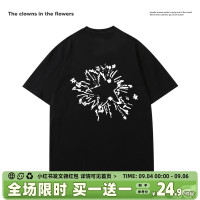 花叢中的小醜星星圖案黑色短袖T恤女夏季純棉寬鬆小個子大尺碼半袖
