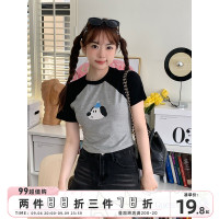 high rain 夏季傷心狗狗插肩短袖女卡通ins風撞色T恤純棉露臍上衣