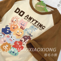 mon-ster拼接撞色插肩短袖印花T恤夏季美式純棉寬鬆情侶T五分袖