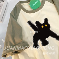 小黑mao 純棉插肩袖拼接撞色短袖T恤女夏季卡通印花寬鬆情侶上衣