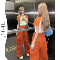 夏日多巴胺穿搭短款橘色插肩短袖t恤女復古bm甜辣設計感小眾上衣