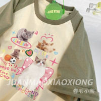 love貓~純棉插肩袖拼接撞色短袖T恤女夏季卡通印花寬鬆情侶上衣