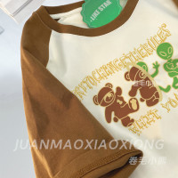 E-t熊 拼接撞色插肩短袖印花T恤夏季美式純棉寬鬆情侶T五分袖