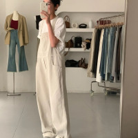 歐尼基礎款簡約寬鬆百搭無袖抱嬰袋連身褲拖地直筒闊腿休閒褲長褲子