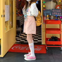 PopBus原創彩色短褲粉紫黃鬆緊顯瘦高腰休閒短褲 泡泡巴士