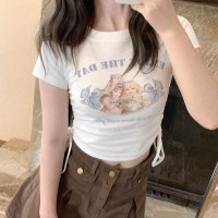 復古美式天使字母 藍色數碼印花 奶白色 彈力修身 抽繩短袖T恤 H