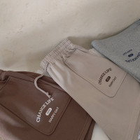 復古字母印花 麻灰色咖色 鬆緊腰 運動少女 闊腿毛圈短褲 W