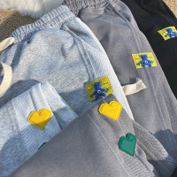 捲毛小熊灰色運動褲女早秋加長闊腿褲女寬鬆休閒褲子拖地直筒褲