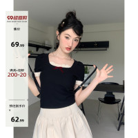 你好卡農 花邊拼接蝴蝶結短袖t恤女夏季新款甜美修身顯瘦正肩上衣