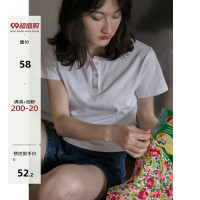 你好卡農 短袖t恤女短款修身2023夏季新款純色三粒扣高腰圓領上衣