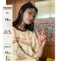 你好卡農 原創小熊印花撞色圓領短袖T恤女2023新款寬鬆T恤上衣夏