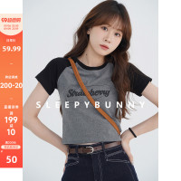 瞌睡兔 短袖露臍上衣夏季美式復古小個子辣妹正肩印花修身短款T恤