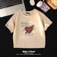 小個子辣妹短款上衣女夏新款設計感愛心印花修身顯瘦純棉短袖t恤