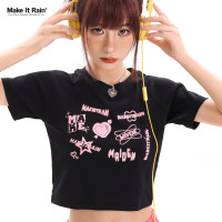 美式辣妹短款上衣女夏季百搭顯瘦小眾學院風露臍小款收腰短袖T恤