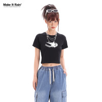 潮牌純欲辣妹星星印花短袖T恤女夏季高腰正肩修身外穿短款上衣服