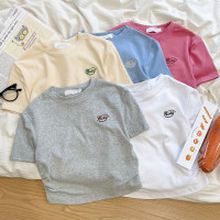 RENA美式休閒小字母刺繡百搭壓褶收腰顯瘦舒適彈力棉短款正肩T恤