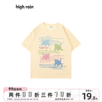 high rain 新款四隻貓貓落肩短袖女奶呼呼休閒純棉T恤情侶上衣夏