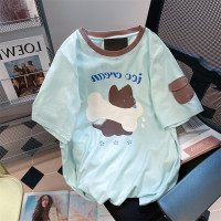 薄荷綠可愛小狗拼色正肩短袖t恤女夏季學院風設計感小眾半袖上衣